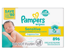 Toallitas húmedas para bebé Pampers Sensitive sin fragancia con tapa abatible, paquete de 16/896 unidades.