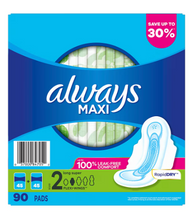 Compresas Always Long y Super Maxi con Flexi-Wings, paquete múltiple de 90 unidades.