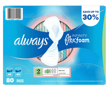 Toallas sanitarias Always Infinity FlexFoam talla 2 para flujo abundante con alas, paquete de 80 unidades - Sin perfume