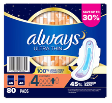 Toallas sanitarias Always Ultra Thin talla 4 para la noche con alas flexibles, 80 unidades - Sin perfume