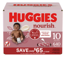Toallitas húmedas para bebé Huggies Nourish con aroma y botón pulsador, paquete de 10 unidades.