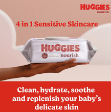 Toallitas húmedas para bebé Huggies Nourish con aroma y botón pulsador, paquete de 10 unidades.