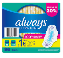 Toallas sanitarias Always Ultra Thin Regular con Flexi-Wings, 96 unidades.
