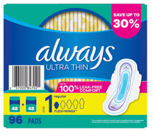 Toallas sanitarias Always Ultra Thin Regular con Flexi-Wings, 96 unidades.