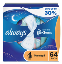 Toallas sanitarias Always Infinity FlexFoam tamaño 4 para uso nocturno con alas, paquete de 64 unidades - Sin perfume