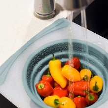 Dexas - Paquete de 2 coladores para fregadero y tabla de cortar con picadora, elige el color