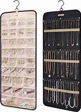 Organizador de joyas colgante de doble cara, soporte para collares con ganchos metálicos, rollo para guardar pendientes, expositor de pared para mujer (negro)