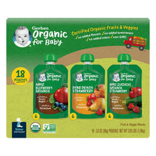 Paquete variado de bolsitas de Gerber Organic 2nd Foods, 3.5 oz., 18 unidades.