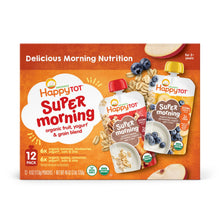 HappyTOT Organics Super Morning Pouch, Paquete variado de manzana y canela y arándano y plátano, 12 unidades, 4 oz.