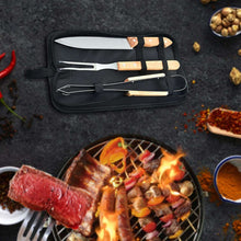 Heavy-Duty Stainless Steel BBQ Grill Tool Set, 3-Piece Knife, Fork, Tongs, with Carry Bag, Rose Wooden Handles