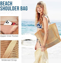 Mesh Beach Tote Bag, Extra Large, Waterproof Inner Pocket, Perfect for Beach, Pool, Travel & Family, Brown