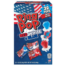 Paquete variado de Ring Pop rojo, blanco y azul, 32 unidades.