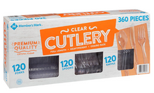 Paquete combinado de cubiertos transparentes Member's Mark, tenedores, cuchillos, cucharas (360 unidades).