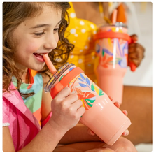Reduce Vacuum Insulated Stainless Steel 2pk Coldee Mug with Lid and Spill-Proof Straw, Pink Coral & Peachy Tropics, 18 oz