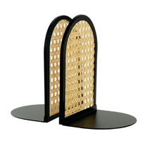 Arched Black Metal and Natural Rattan Indoor Tabletop Bookends