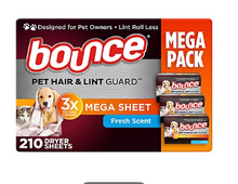 Toallitas para secadora Bounce Pet Hair & Pelt Guard Mega, aroma fresco, 210 unidades.