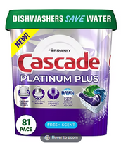 Detergente para lavavajillas Cascade Platinum Plus Action Pacs, aroma fresco, 81 unidades.
