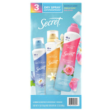 Desodorante antitranspirante en aerosol Secret Dry Spray para mujer, vainilla, rosa silvestre y nenúfar, 4.1 oz., paquete de 3.