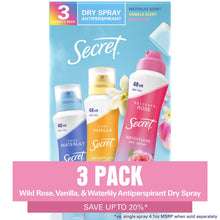 Desodorante antitranspirante en aerosol Secret Dry Spray para mujer, vainilla, rosa silvestre y nenúfar, 4.1 oz., paquete de 3.