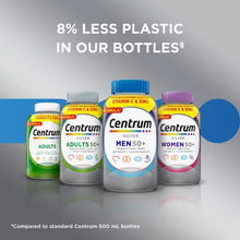 Centrum multivitamin bottles for adults and 50 plus men and women with eight percent less plastic packaging