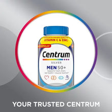 Centrum Silver Men 50 plus multivitamin bottle with blue cap and vitamin C and zinc callout
