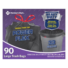 Members Mark black PowerFlex heavy duty 33 gallon drawstring trash bags 90 count