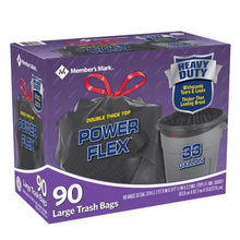 Brands For Less USA box of 90 heavy duty Members Mark black 33 gallon drawstring trash bags Power Flex