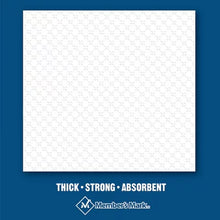 Square embossed white napkin on blue background with Members Mark logo highlighting thick strong absorbent bulk white paper napkins