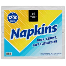 Members Mark 1200 pack napkins package showing 4 packs 300 count thick strong soft absorbent bulk white paper napkins