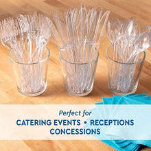 Clear forks knives and spoons in three cups on wood table with blue napkins clear plastic cutlery set 360 count