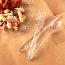 Clear plastic fork and spoon with clear plate of pasta on wood table clear plastic cutlery set 360 count from Brands For Less USA