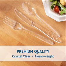 Brands For Less USA clear plastic cutlery set 360 count three piece utensils fork knife and spoon on wooden table