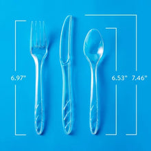 clear plastic cutlery set 360 count clear fork knife and spoon on blue background with measurements