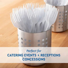 Brands For Less USA heavyweight white plastic forks 600 count in stainless holder on wooden table for catering