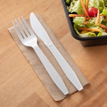 Brands For Less USA heavyweight white plastic forks 600 count pictured with knife on napkin beside salad