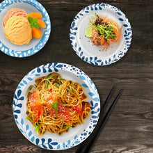 Brands For Less USA ultra dinner paper plates 10 inch blue leaf pattern with noodles salad and ice cream