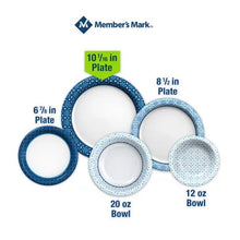 Members Mark blue patterned disposable set with ultra dinner paper plates 10 inch and matching bowls and salad plates