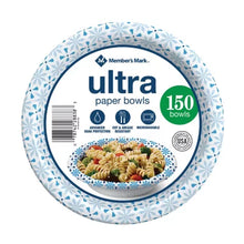 Brands For Less USA Member Mark ultra disposable paper bowls 20 oz. pack of 150 blue patterned rim microwavable bowls