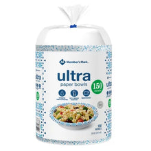 Member's Mark pack of 150 ultra disposable paper bowls 20 oz. with blue patterned rim and sample pasta