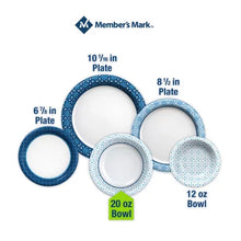 Members Mark blue patterned plates and bowls display showing sizes with highlighted ultra disposable paper bowls 20 oz.