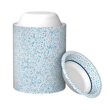 Stack of blue floral patterned paper bowls with dispenser and one bowl shown ultra disposable paper bowls 20 oz.