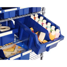 Brands For Less USA 24-bin rolling storage rack with blue plastic bins holding craft paints brushes and tape