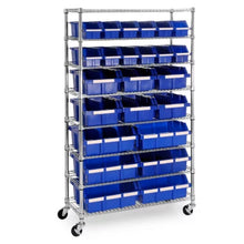 Brands For Less USA 24-bin rolling storage rack with chrome wire shelves and 24 blue tilt bins on casters