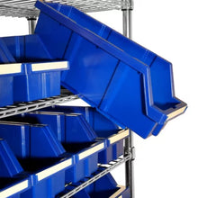 Brands For Less USA 24-bin rolling storage rack with blue plastic bins on chrome wire shelving