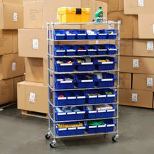 Brands For Less USA 24-bin rolling storage rack with 24 blue bins chrome frame and caster wheels in warehouse for parts and tools