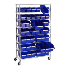 Brands For Less USA 24-bin rolling storage rack with chrome wire shelves and blue plastic bins on casters