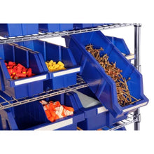 Brands For Less USA 24-bin rolling storage rack with chrome wire frame and blue plastic bins for hardware
