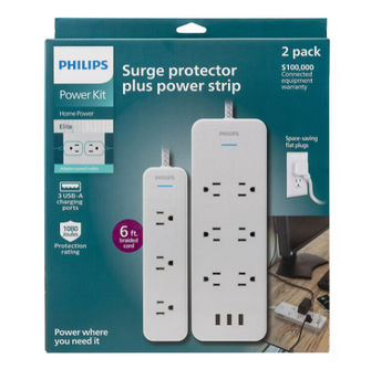 Philips Adapter-Spaced Surge Protector and Extension Cord Combo Pack - White