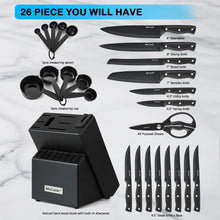 McCook DISHWASHER SAFE MC701 Knife Sets of 26, Stainless Steel Kitchen Knives Block Set with Built-in Knife Sharpener, Measuring Cups and Spoons