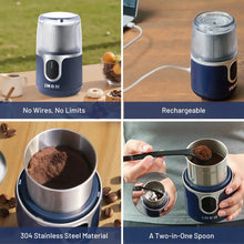 Atilioo Coffee Grinder, Cordless Electric Spice Herb Grinder with Stainless Steel Blades, Low Noise, Ideal for Home/Travel/Camping, Blue